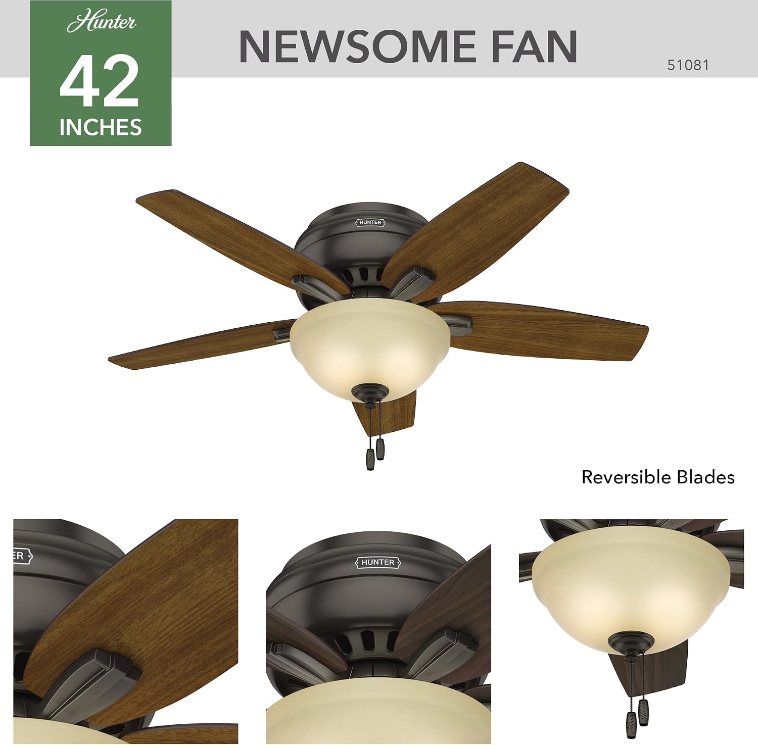Hunter 42 inch Indoor Ceiling Fan with LED Light - Bronze Ceiling Fan with Pull Chain, For Bedroom or Living Room, Low Profile Flush Mount, No Remote, 5 Blades - Newsome 51081, Premier Bronze