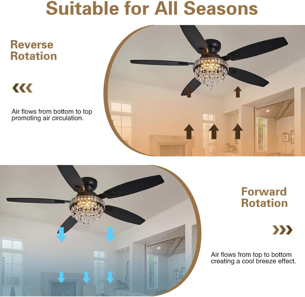 Crystal Ceiling Fan Fandelier with Lights-Ceiling Fans with Lights,54' Low Profile and Remote Control, Flush Mount, Reversible, Dimmable, Noiseless, Black Ceiling Fan for Bedroom