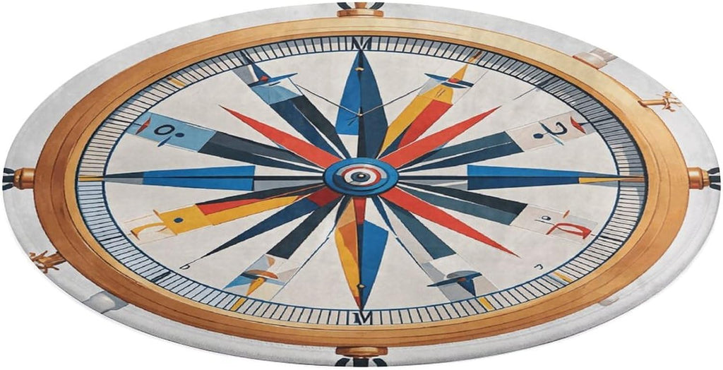 Maritime Sailboat Compass Coral Velvet Round Floor Mat Non-Slip Bath Rug Floor Covering for Bathroom Vanity Guest Suite & Vacation Home