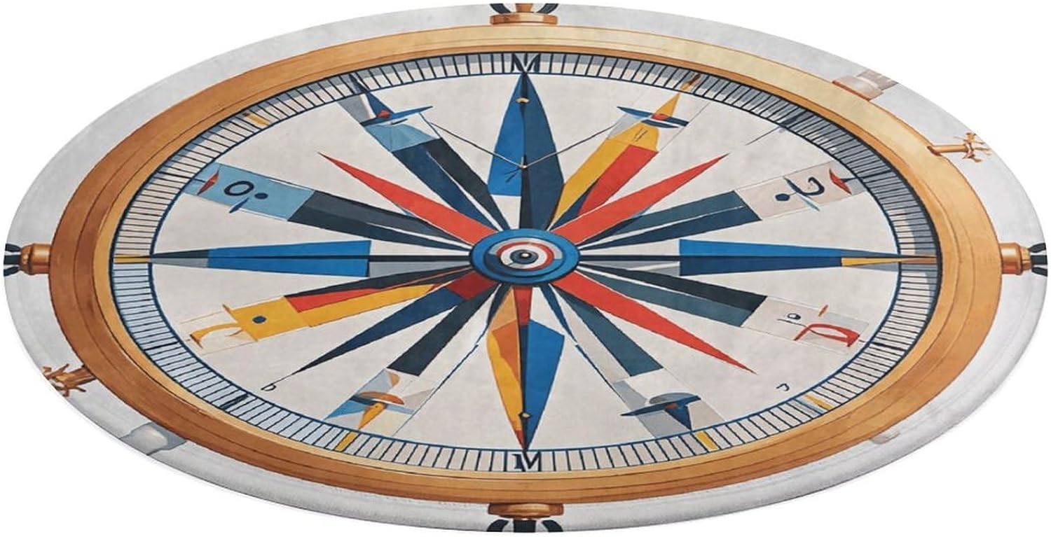 Maritime Sailboat Compass Coral Velvet Round Floor Mat Non-Slip Bath Rug Floor Covering for Bathroom Vanity Guest Suite & Vacation Home