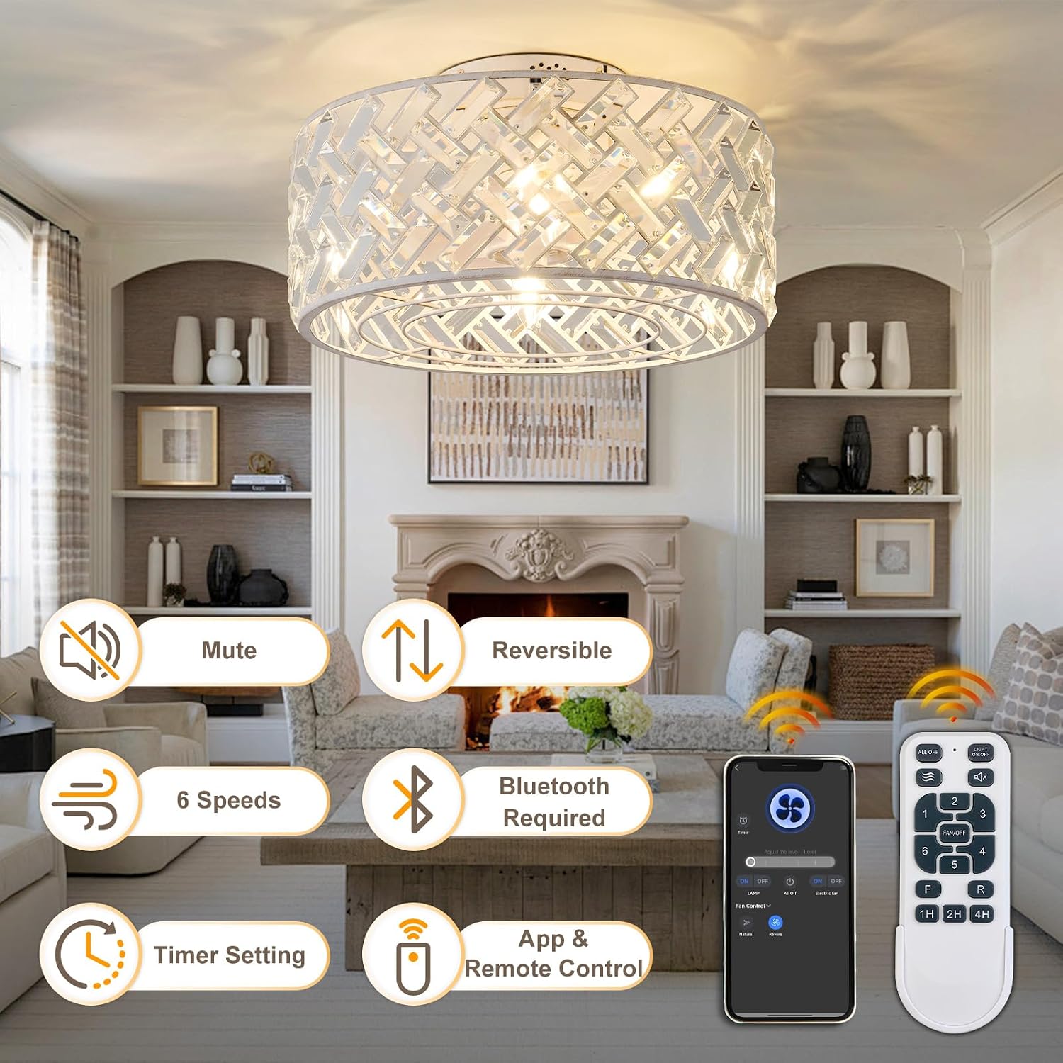 18 Inch Caged Ceiling Fan with Light and Remote, Rustic White Flush Mount Fandelier Ceiling Fan with Remote & App Control, Quiet DC Motor Low Profile Crystal Ceiling Fan for Bedroom, Kitchen