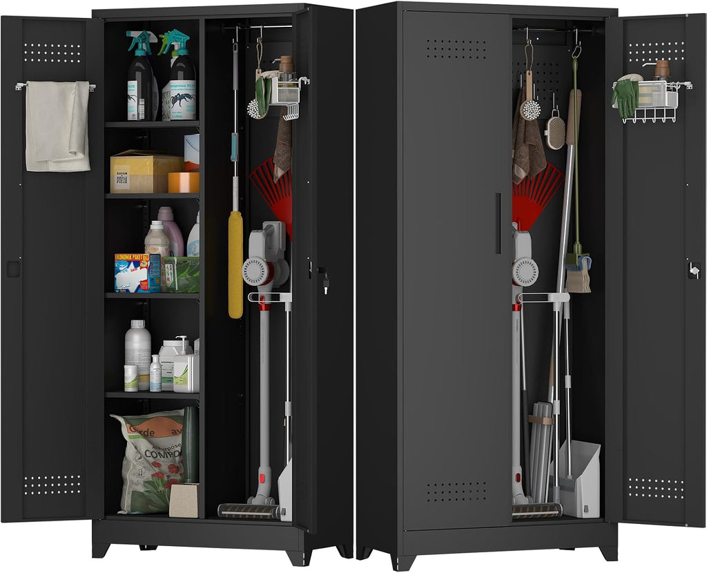 Metal Locking Cabinet, 72.8' Tall Storage Cabinet for Broom, Garage Storage Cabinet with Doors and Shelves, Heavy Duty Tool Cabinet for Home Office, School, Basement,Gym