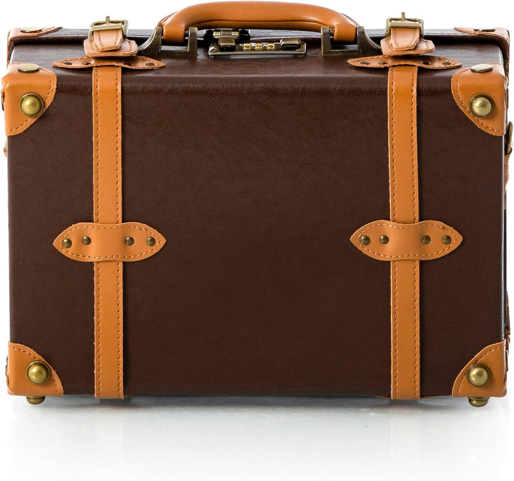 COTRUNKAGE 16' Carry On Suitcase Cute Pu Overnight Vintage Trunk Luggage Bag for Women with Strap, Cocoa Brown
