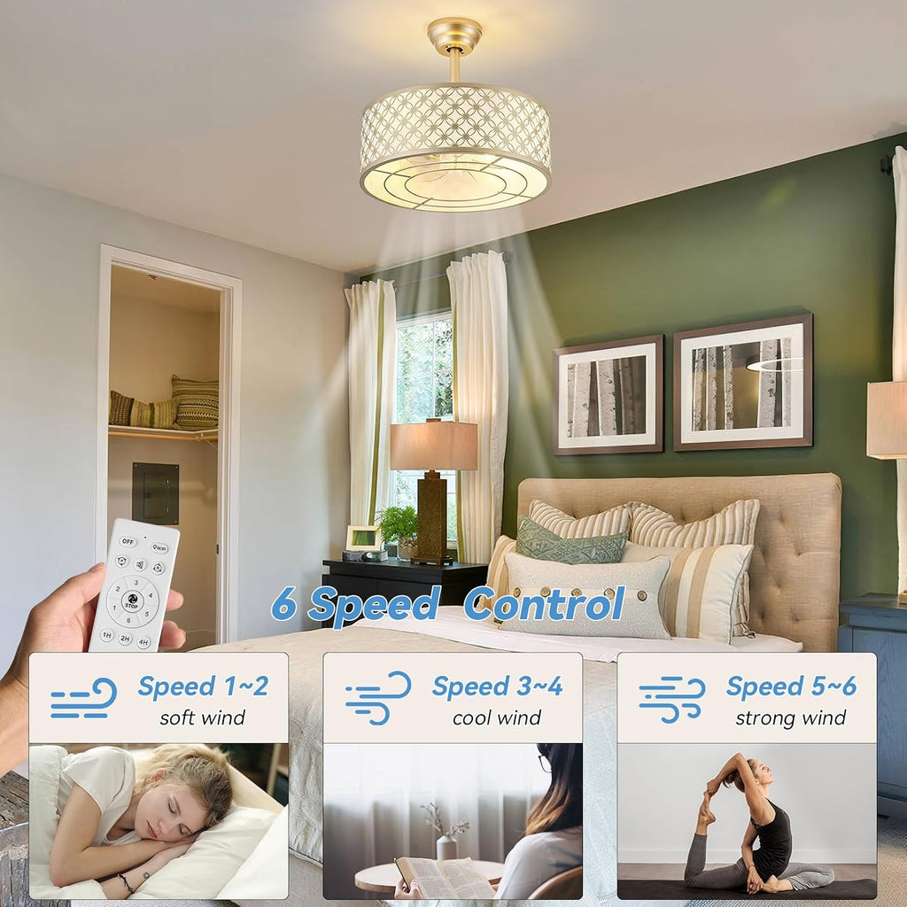 Gold Fandelier Ceiling Fan with Light, 20' Caged Gold Chandelier Ceiling Fans with Lights Remote Control, Fabric Mid-Century Modern with 6 Speeds for Bedroom, Nursery, Living Room.