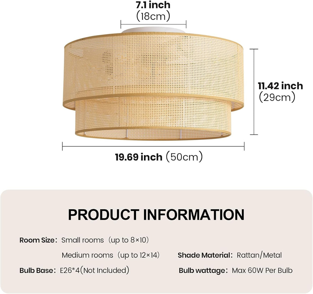 ainqiant 20 Inch Boho Caged Ceiling Fans with Lights Flush Mount, Rattan Ceiling Fan with Light Remote Control with Reversible 6 Speeds for Bedroom, Nursery, Living Room, E26, Base, Indoor