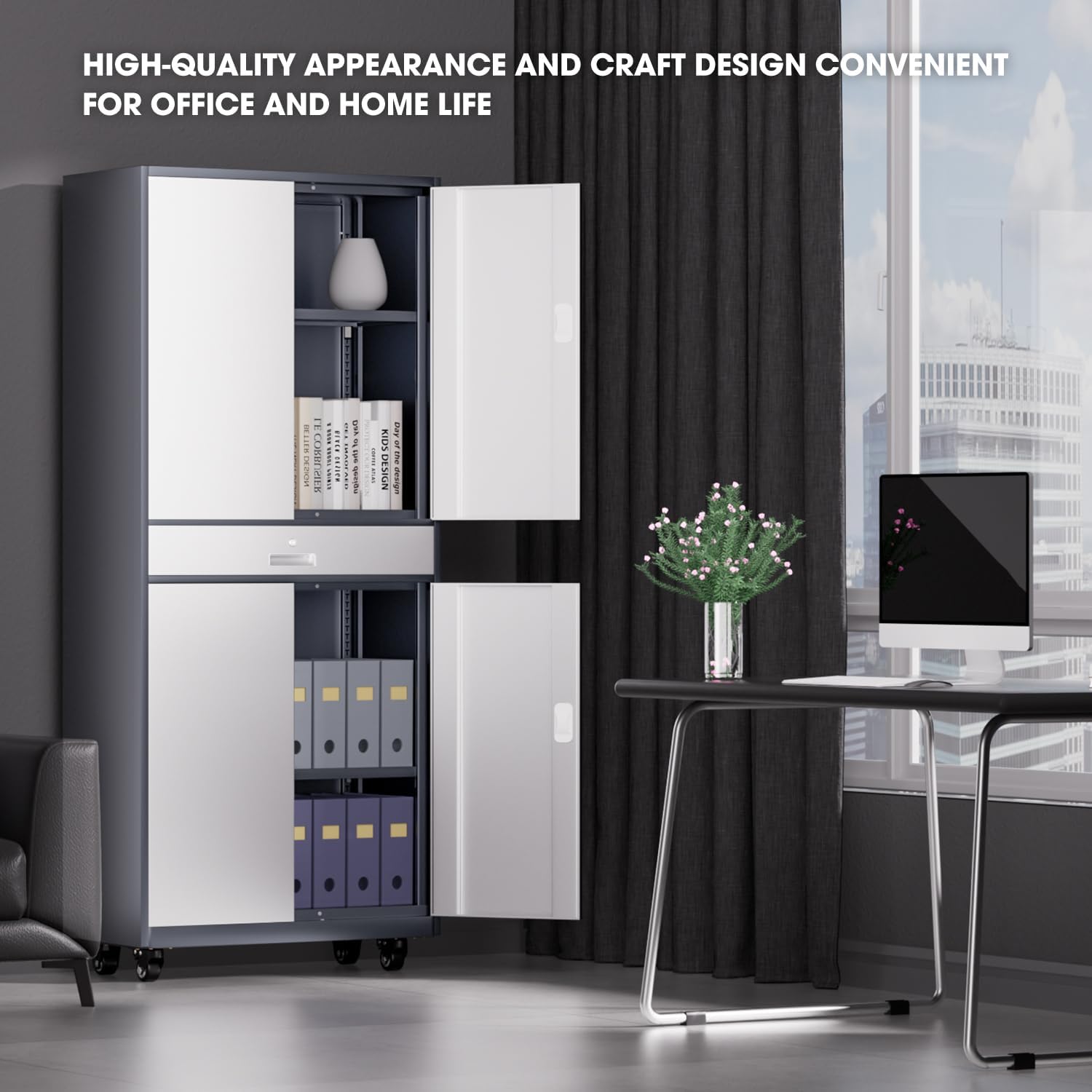 DNA Motoring 73'' Metal Storage Cabinet, Rolling Garage Cabinet with 1 Drawer and Adjustable Shelves, Lockable Heavy Duty Metal Locker for Garage,Office,Home,Gray White, TOOLS-00630-GY-WH-A