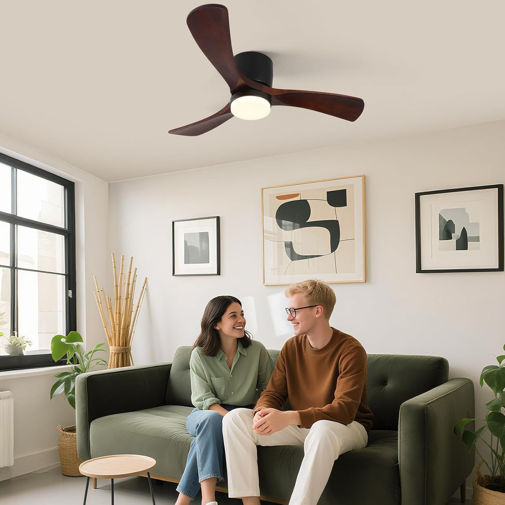 GESUM 42' Ceiling Fan with Lights Remote Control, Low Profile Ceiling Fan with 3 Walnut Wood Blades, Reversible,Dimmable, Flush Mount Ceiling Fans for Living Room Kitchen Bedroom(Black+Walnut)