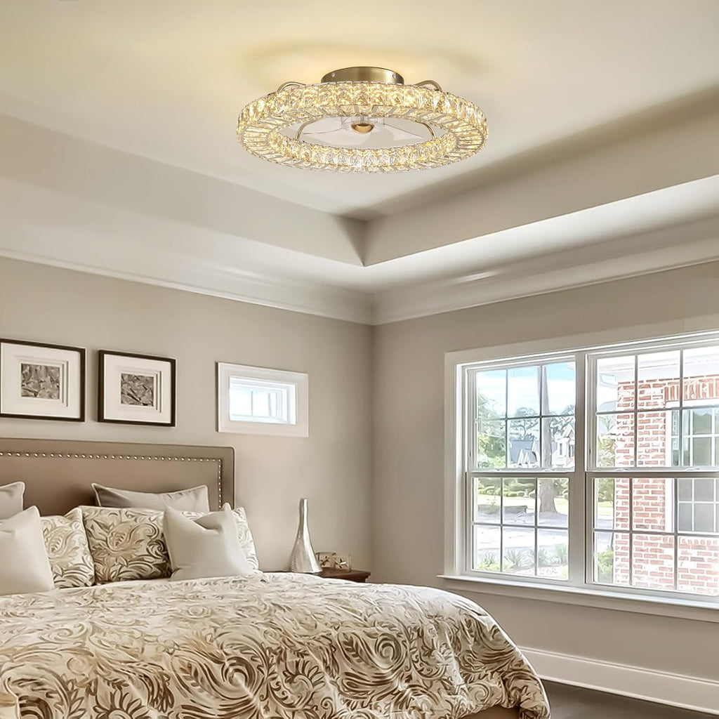 22' Low Profile Flush Mount Ceiling Fan, Ceiling Fan with Light and Remote, Dimmable Fandelier with Crystal Lampshade, Bladeless Enclosed Fan Light-Gold