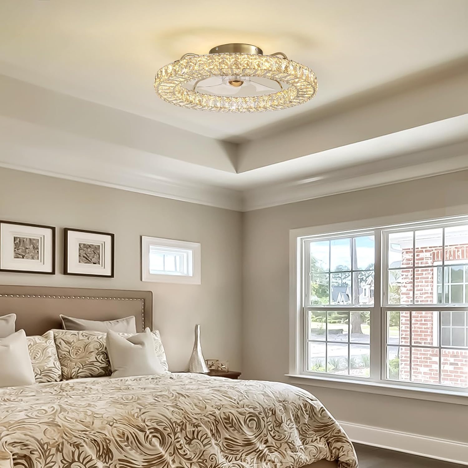 22' Low Profile Flush Mount Ceiling Fan, Ceiling Fan with Light and Remote, Dimmable Fandelier with Crystal Lampshade, Bladeless Enclosed Fan Light-Gold