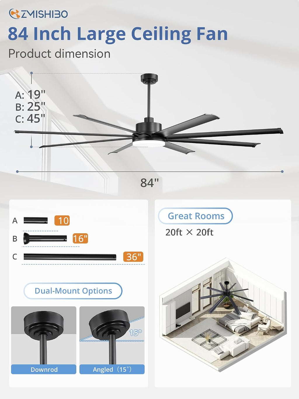 ZMISHIBO 84 Inch Ceiling Fan with Light, Smart Fan Light Compatible with Alexa, 3000-6000K Dimmable, 6 Speeds, Large Industrial Ceiling Fans with 8 Black Aluminum Blades for Patio Living Room