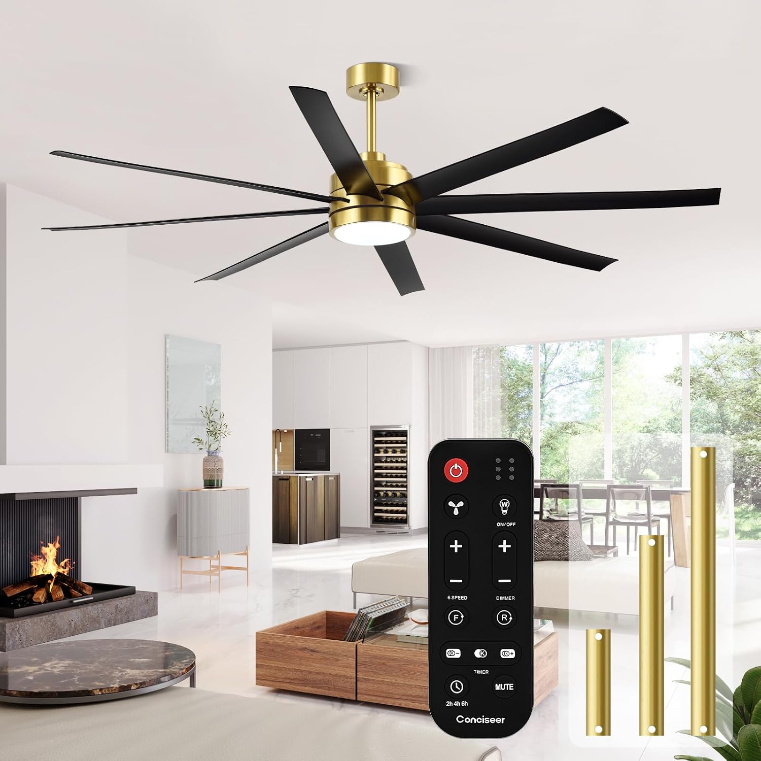 Conciseer 72 Inch Ceiling Fans with Lights and Remote for Living Room Kitchen Library Cafe Outdoor/Industrial Use, 3CCT Dimmable, Dual Color 8 Blades 6 Speed Reversible Quiet DC Motor, Gold/Black