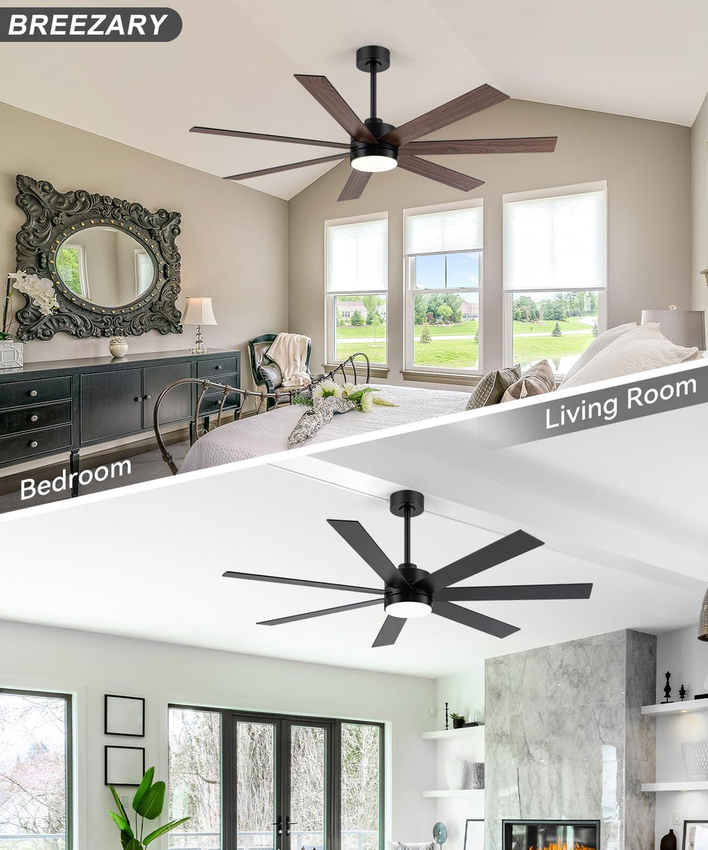 Farmhouse Ceiling Fans with Lights and Remote, 62 Inch Industrial Black Ceiling Fans with 6-Speed Reversible DC Motor, 3 CCT, Dual Finish 7 Blades, Indoor/Outdoor Ceiling Fan for Patio Bedroom