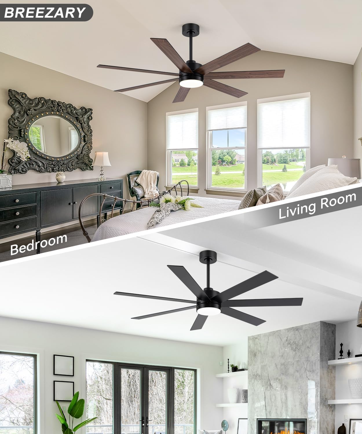 Farmhouse Ceiling Fans with Lights and Remote, 62 Inch Industrial Black Ceiling Fans with 6-Speed Reversible DC Motor, 3 CCT, Dual Finish 7 Blades, Indoor/Outdoor Ceiling Fan for Patio Bedroom