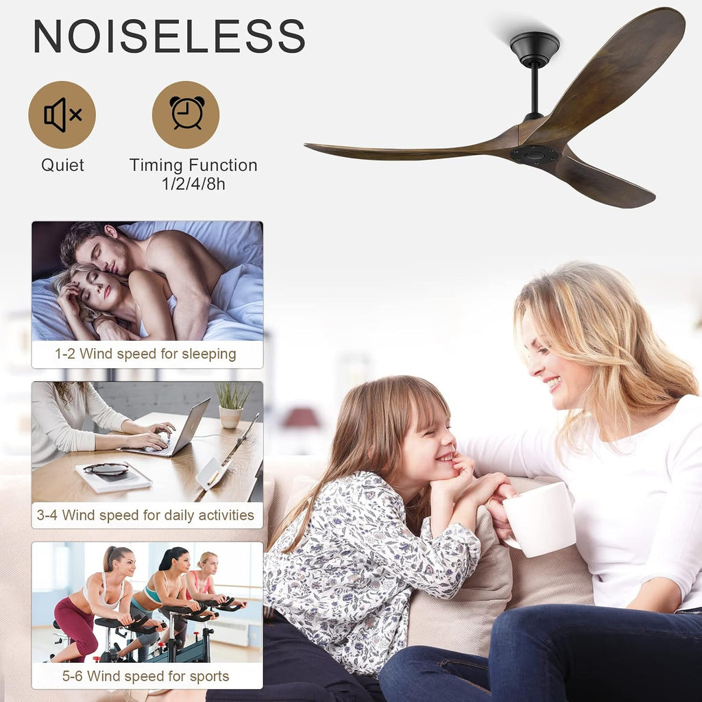 70 Inch Rustic Outdoor Ceiling Fans, Ceiling Fan without Light with Remote Solid Wood Ceiling Fan, Farmhouse Large Outdoor Fan for Patios Indoor High Low Sloped Ceiling, Brown DC Cieling Fan