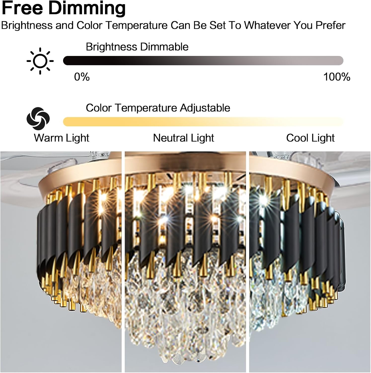 36' Dimmable Black and Gold Crystal Chandelier with Fan, Gold Fandelier Ceiling Fans with Lights and Remote Modern Retractable Blade Ceiling Fans for Dinning Room Living Room Kitchen