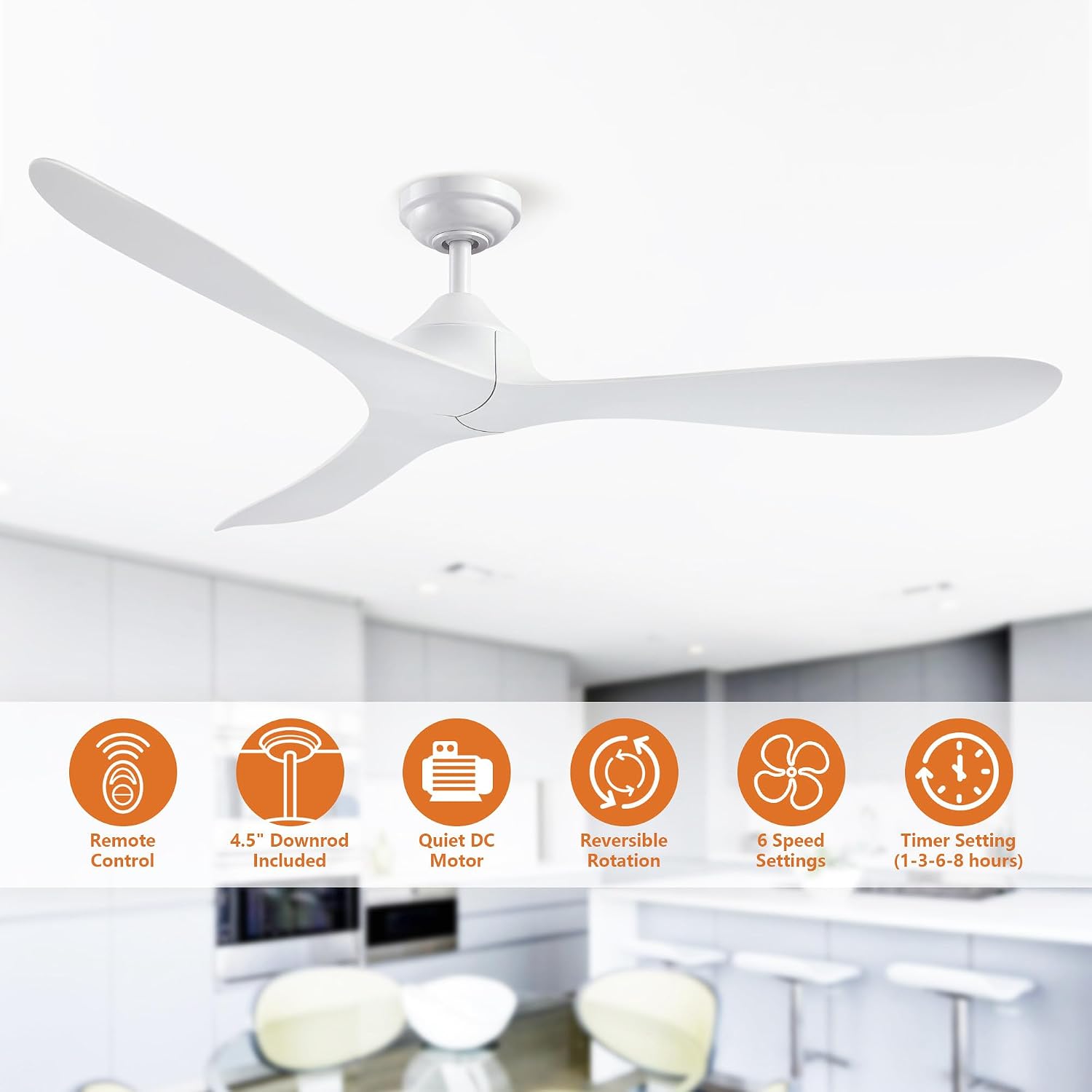 White Ceiling Fan No Light with Remote 56 Inch Modern DC Motor Ceiling Fans without Lights for Bedroom Living Room, Outdoor Ceiling Fans for Patios, 6 Speeds, Reversible 3 Blades, Ventilador de Techo