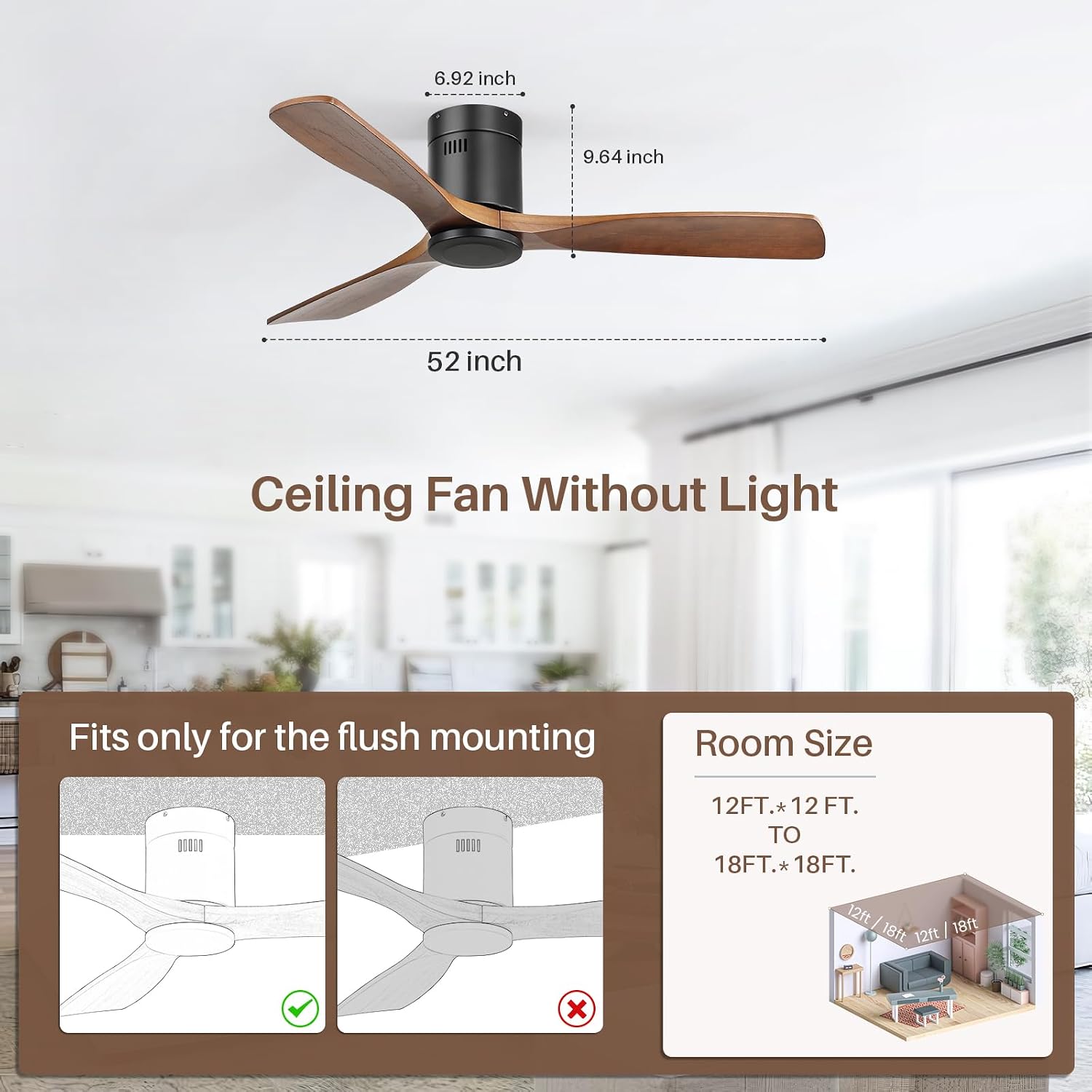 CACI Mall 52 Inch Smart Ceiling Fan without Light, Flush Mount, 3 Blades Solid Wood, Low Profile, Modern, Outdoor/Indoor Ceiling Fans No Light for Bedroom/Farmhouse/Patio
