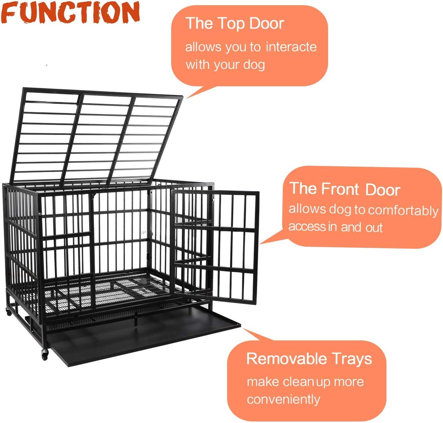 LEMBERI 42 Inch Heavy Duty Indestructible Dog Crate, High Capacity Escape Proof Double Door Kennel with Lockable Wheels, 35' Tall Medium Dog Cage with 0.8' Steel Tubes, Removable Tray, Black