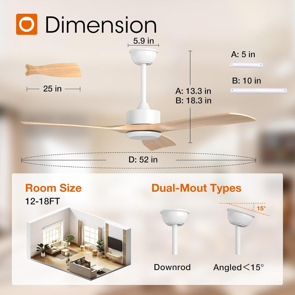 addlon 2 Pack 52 inch Ceiling Fan No Light, White Ceiling Fans with Remote Control, Reversible, 3 Wood Blades, 6 Speeds, Noiseless, Wood Ceiling Fan without Light for Indoor/Outdoor Use