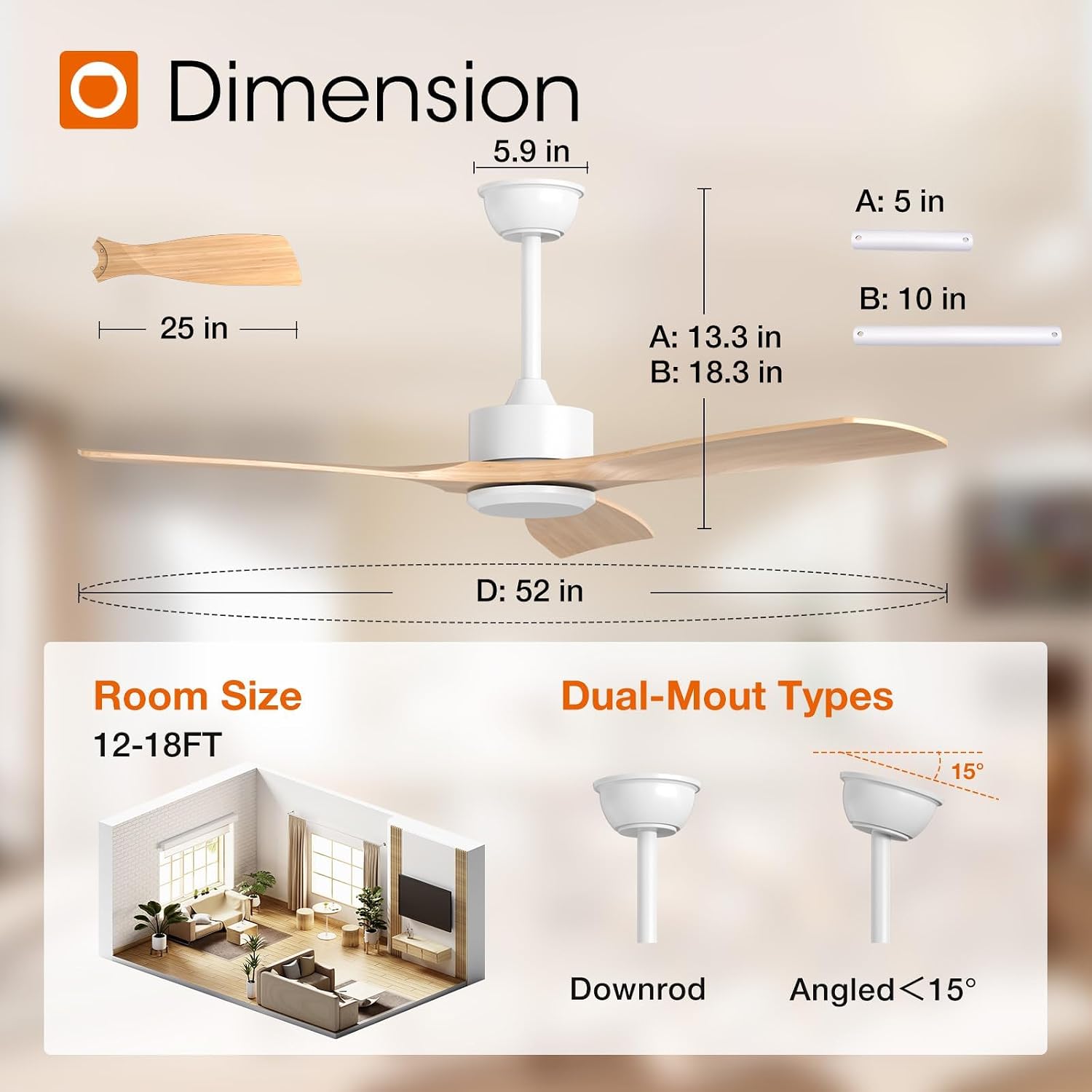 addlon 2 Pack 52 inch Ceiling Fan No Light, White Ceiling Fans with Remote Control, Reversible, 3 Wood Blades, 6 Speeds, Noiseless, Wood Ceiling Fan without Light for Indoor/Outdoor Use