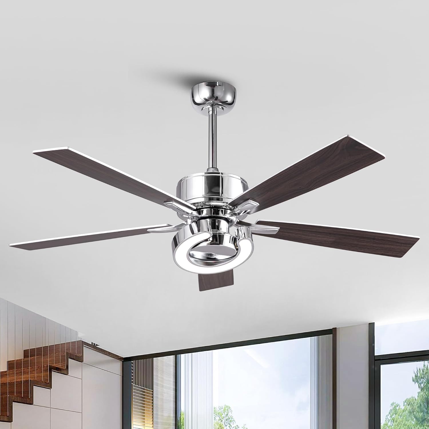 52 Inch Silver Ceiling Fans with Lights, Creative Modern Ceiling Fan and Remote for Bedroom Living Room with 3CCT, 6 Speeds, Quiet, Dual-Sided Reversible 5 Blades Indoor Outdoor Chandelier Fan