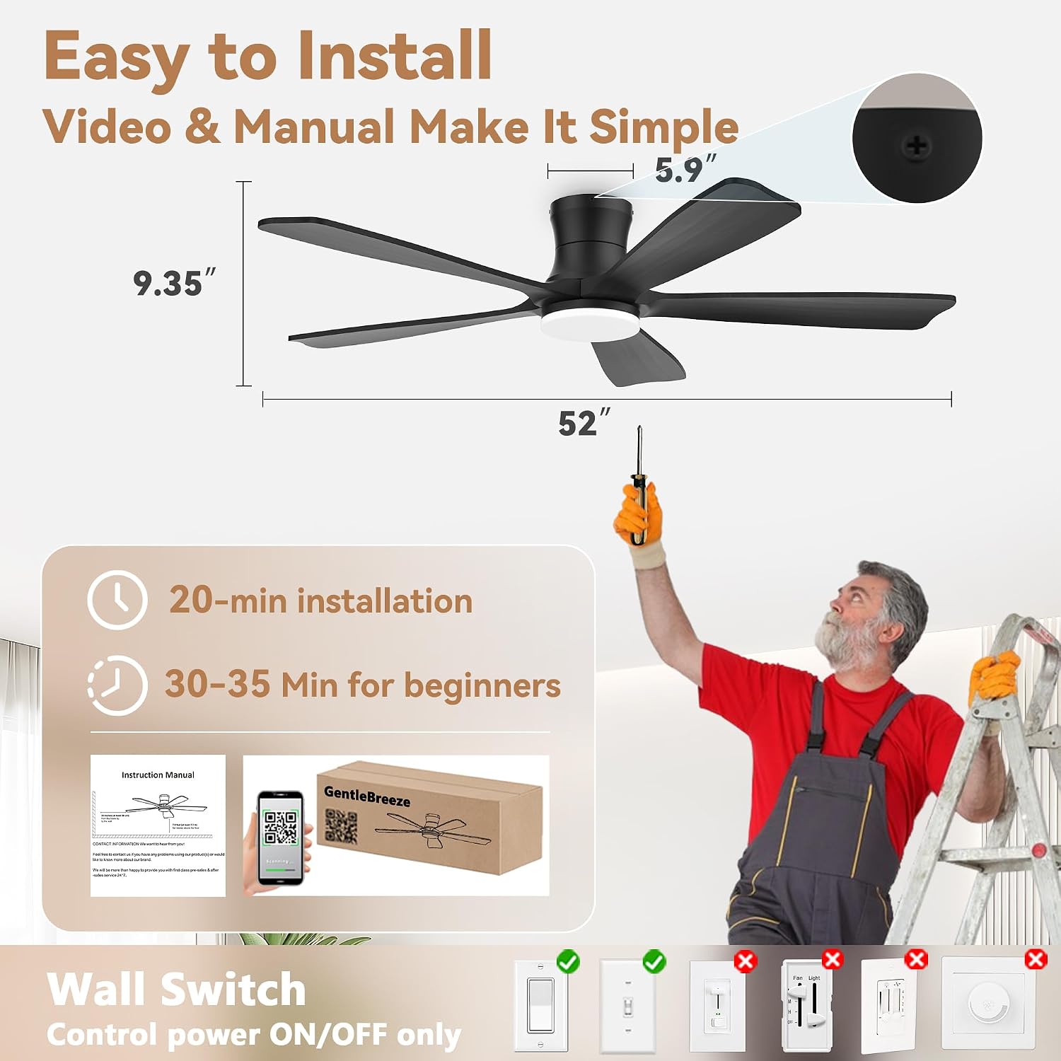 52'Wood Smart Flush Mount Ceiling Fans with Lights Remote,Control via WIFI Alexa Google App,6 Speed,Quiet DC Motor,Modern Black Outdoor Indoor Low Profile Ceiling Fan for Bedroom Patio Porch