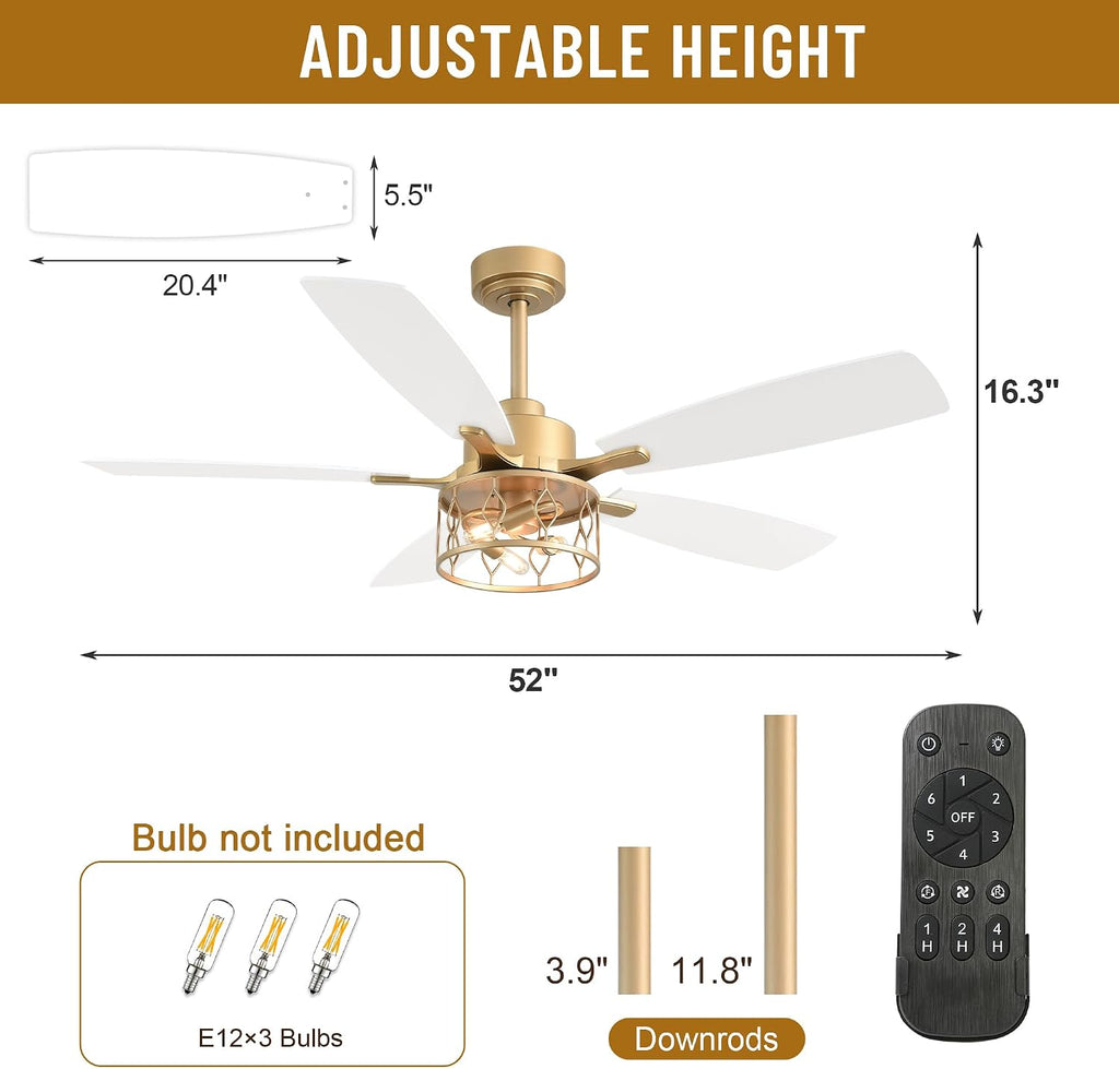 52' Farmhouse Ceiling Fans with Lights and Remote,Chandelier Ceiling Fan with 5 Double Colour Blades,Reversible DC Motor,Rustic Caged Ceiling Fan for Living Room,Dining Room,Bedroom
