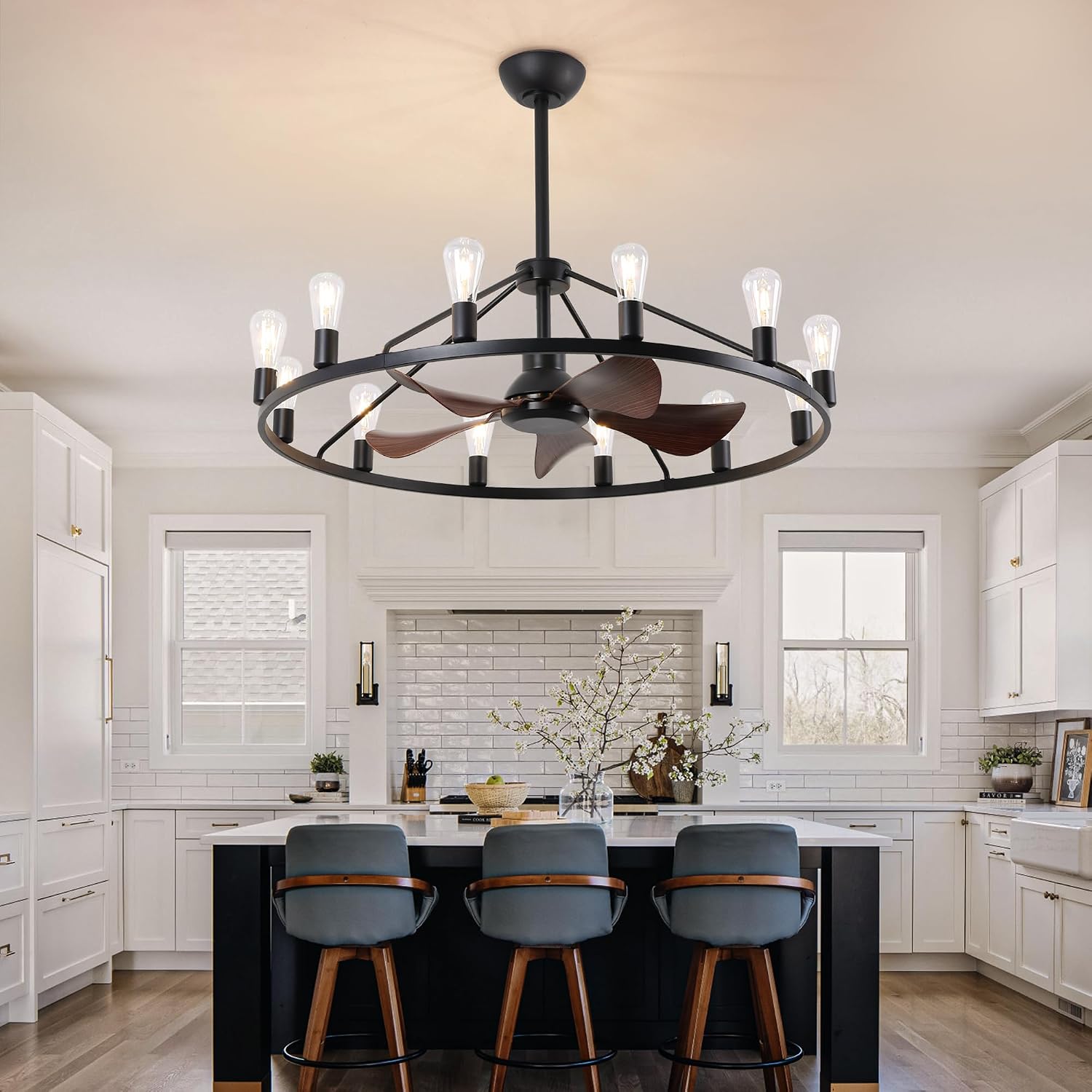 Miuyhji Wheel Ceiling Fan 44 Inches Large,Industrial Ceiling Fans with Lights and Remote,Vintage Chandelier Fans with 12 Candle Lights, Wagon Wheel Chandelier with Fan for Indoor