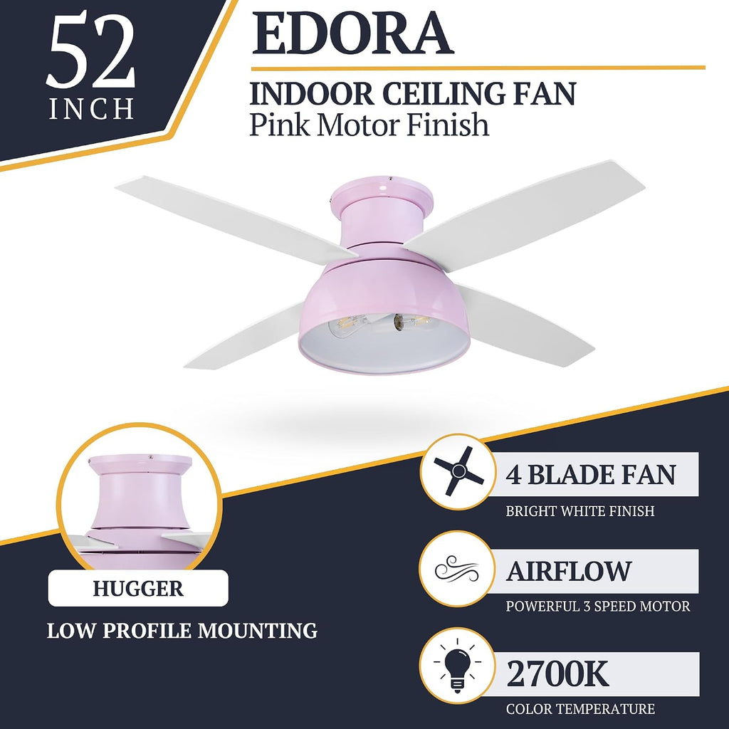 Prominence Home Edora, 52 Inch Industrial Style Flush Mount LED Ceiling Fan with Light, Remote Control, 4 Modern Blades, Reversible Motor - 51674-01 (Peony Pink)