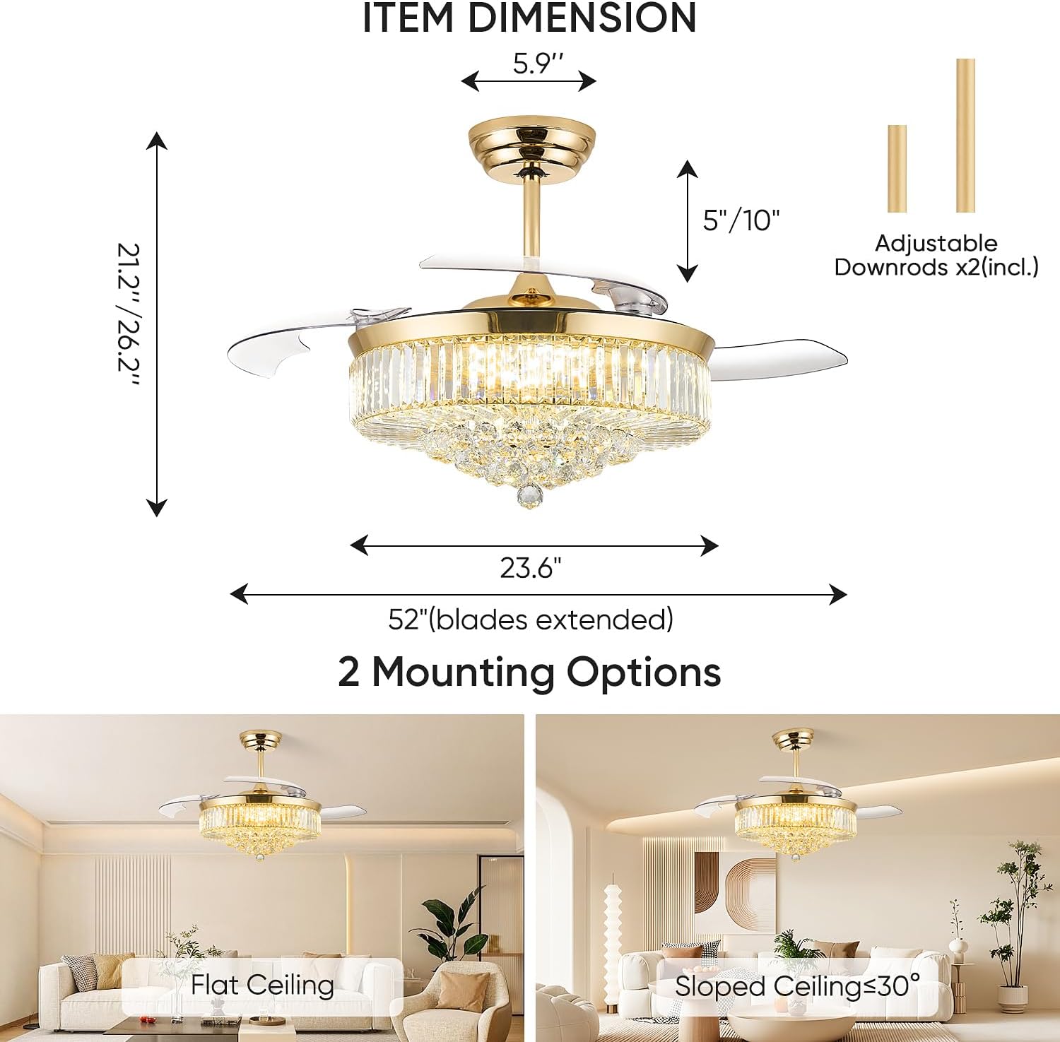FIDGRA 52 Inch Fandelier Ceiling Fan with Light, Retractable Chandelier Fan, 3 Color Temperature, 6 Wind Speed, Crystal Ceiling Fan for Bedroom Living Room Dining Room-Gold