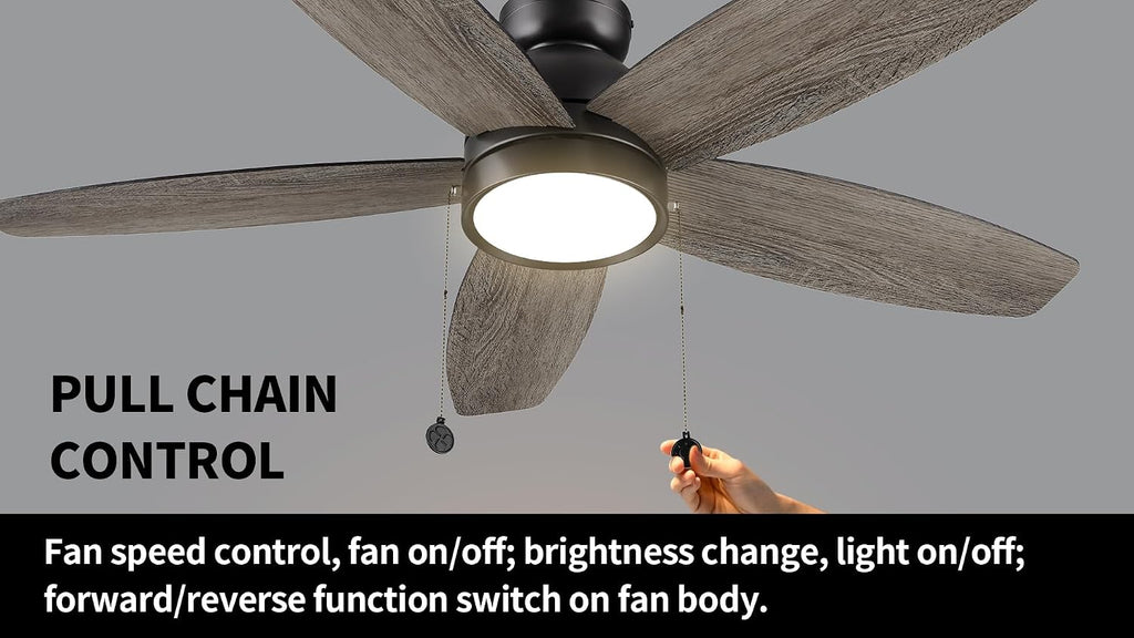 SMAAIR Pull Chain Ceiling Fans with Lights for Bedroom, 52' Low Profile Modern Ceiling Fan with Light, Flush Mount, 3 Blades, Dimmable, DC Motor, Indoor Use,Wooden/Walnut