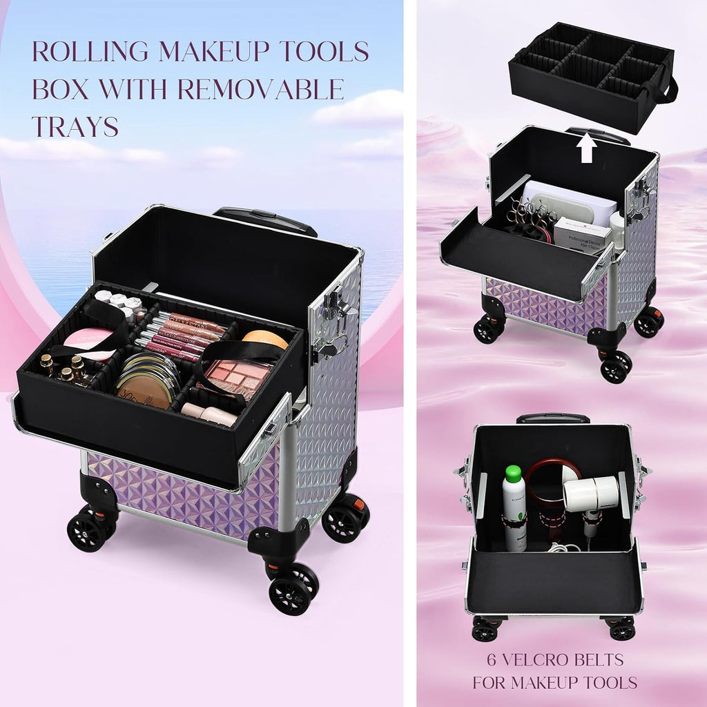 Yueieoun 5 in 1 Rolling Makeup Case, Cosmetology Case on Wheels Travel Make up Train Case Nail Cart Makeup Organizer Cosmetic Storage Box Cases Extra Large Trolley Truck with 360° Swivel Wheels, Pink