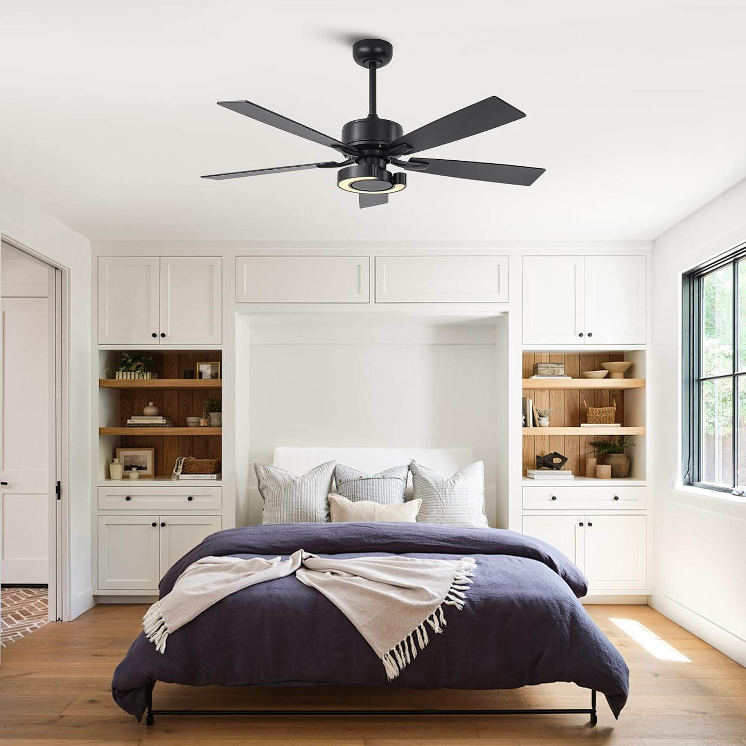 52 Inch Black Ceiling Fans with Lights and Remote - Creative Modern Ceiling Fan for Bedroom Living Room with 3CCT, 6 Speeds, Quiet, Dual-Sided Reversible 5 Blades Indoor Outdoor Chandelier Fan