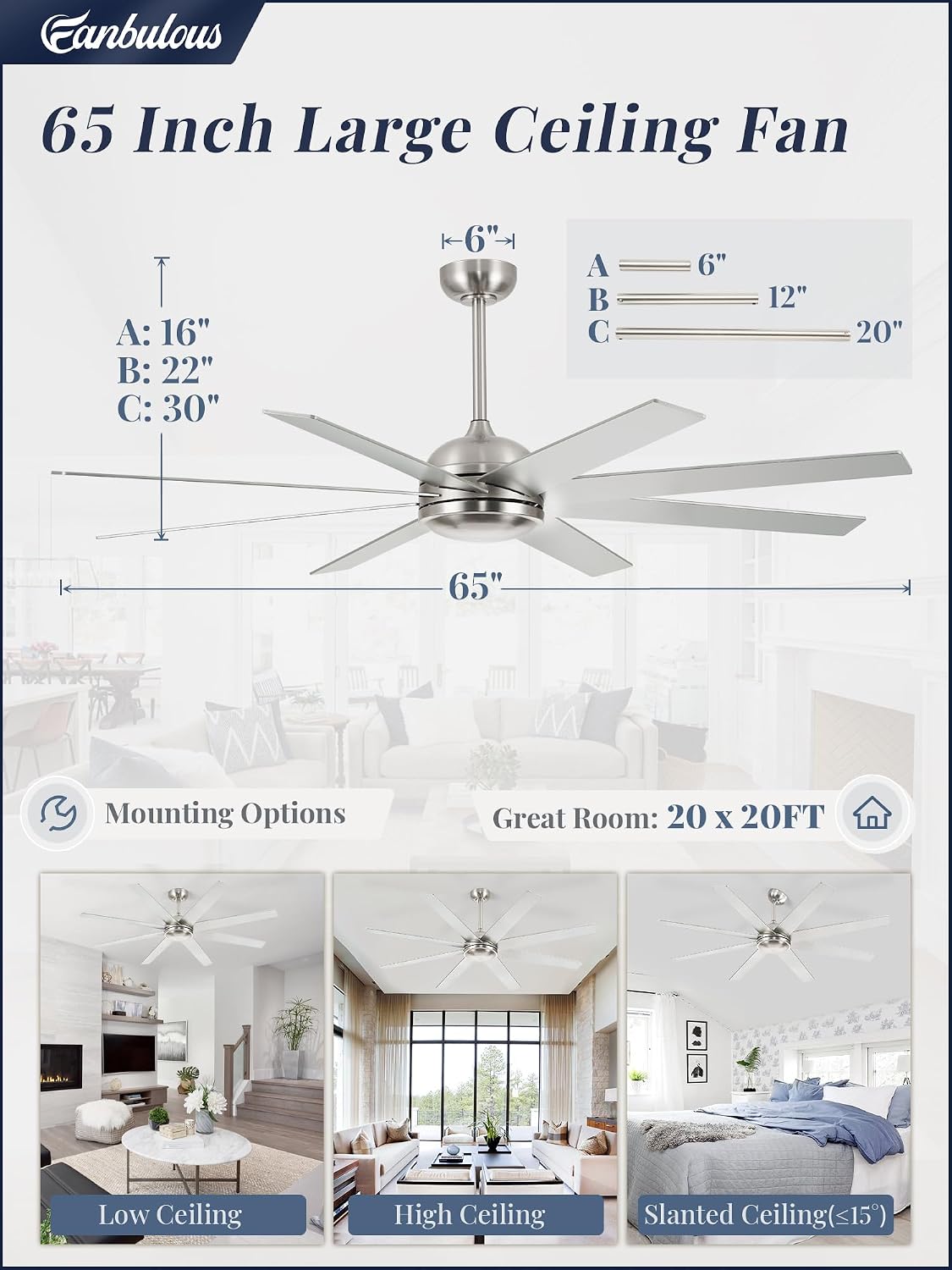 65 Inch Ceiling Fans No Light with Remote, Brushed Nickel Indoor/Outdoor Ceiling Fan Without Light with Quiet Reversible DC Motor, 6 Speeds, 8 Blades Large Ceiling Fan for Living Room Bedroom Patio