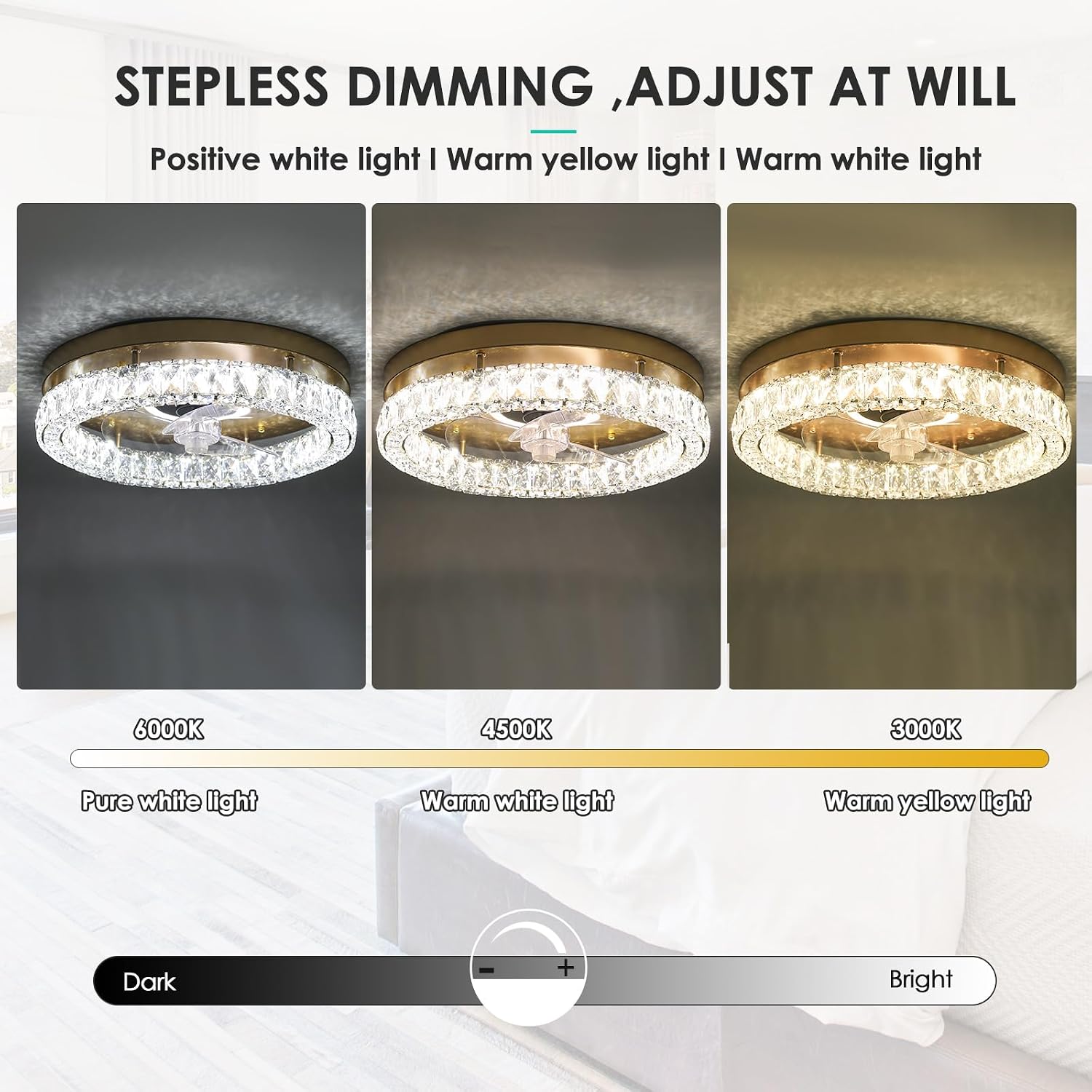 CLAIRDAI Crystal Ceiling Fans with Lights Flush Mount Ceiling Fan with Remotel Control Dimmable LED Low Profile Ceiling Fan 6 Speeds Reversible Blades Timing with Remote Control Gold