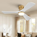 42 Inch Gold Ceiling Fan with Lights, Remote Control, Flush Mount, Dimmable, Reversible, Wood Blades, Power-Off Memory, Quiet DC Motor, Modern Hugger Ceiling Fan for Indoor Outdoor