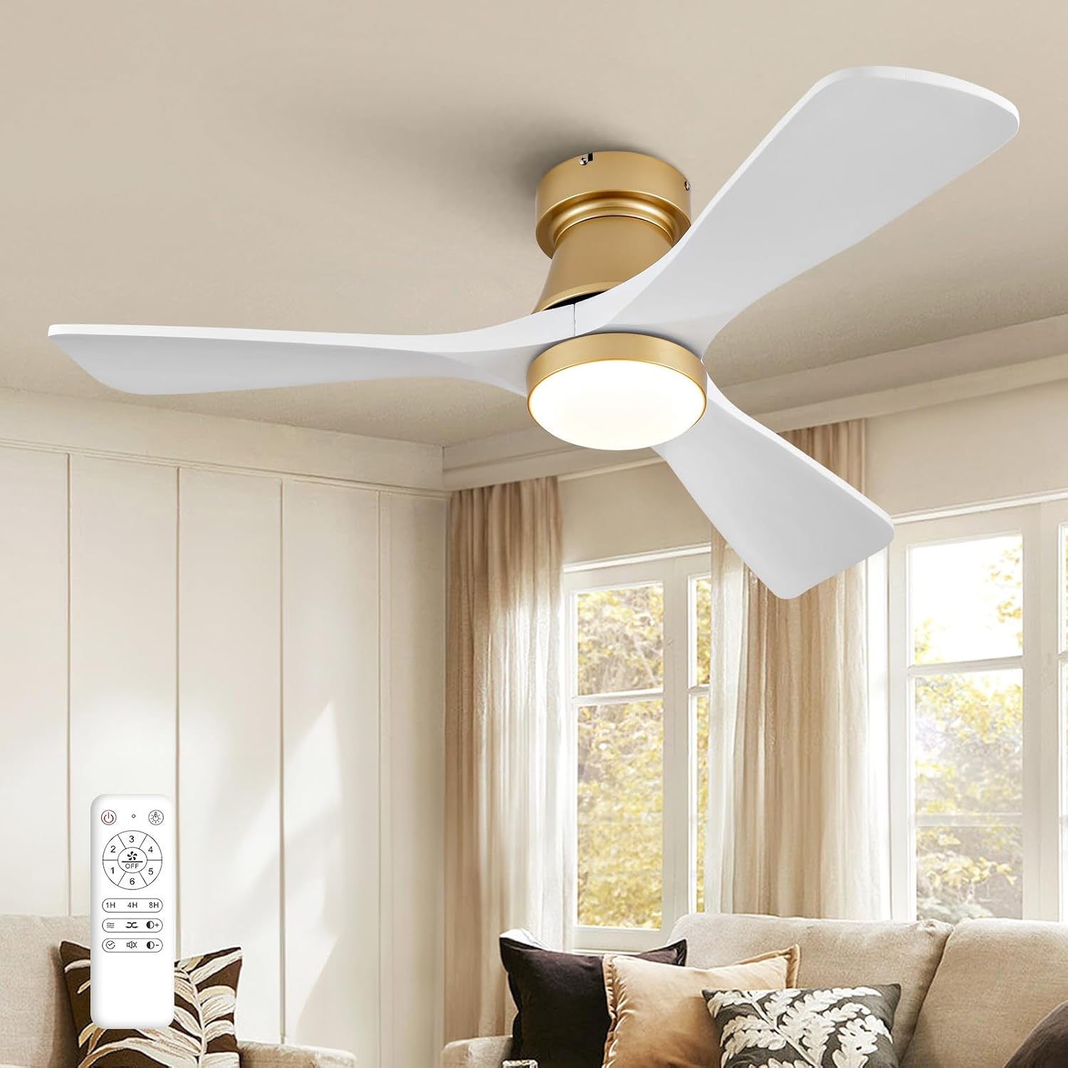 42 Inch Gold Ceiling Fan with Lights, Remote Control, Flush Mount, Dimmable, Reversible, Wood Blades, Power-Off Memory, Quiet DC Motor, Modern Hugger Ceiling Fan for Indoor Outdoor