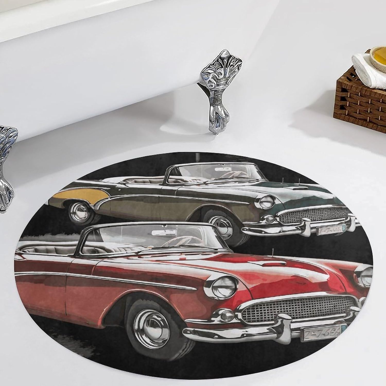 Classic Car Roadsters Old Fashioned Coral Velvet Round Floor Mat Non-Slip Bath Rug Floor Covering for Bathroom Vanity Guest Suite & Vacation Home