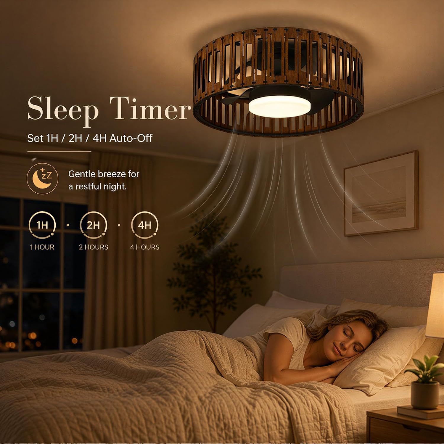 Ceiling Fans with Lights and Remote, 20'' Low Profile Flush Mount Ceiling Fan, 3000–6000K Dimmable LED Fandelier, Bladeless Wood Fan Light for Bedroom, Kitchen, Living Room, Diningroom，Foyer，Nursery