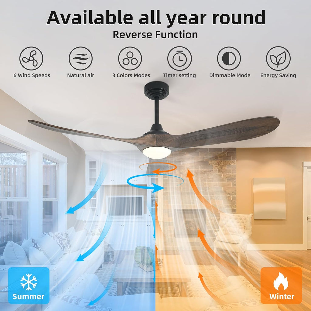 60' Outdoor Ceiling Fan with Light 3 Downrods, Smart Wood Ceiling Fan Compatible with Alexa/Google/App, 3 Blades Modern Walnut Wood Ceiling Fans for Kitchen Living Room Patio,Dark Brown