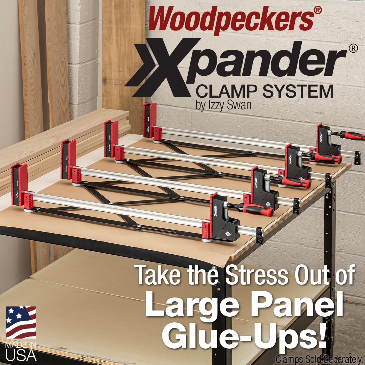 Woodpeckers Xpander Clamp System for Easy Handling and Automatic Spacing of Parallel Jaw Clamps, Aligns and Holds 24'-40' Clamps for Panel Glue-Ups, USA-Made XPANDER-2430