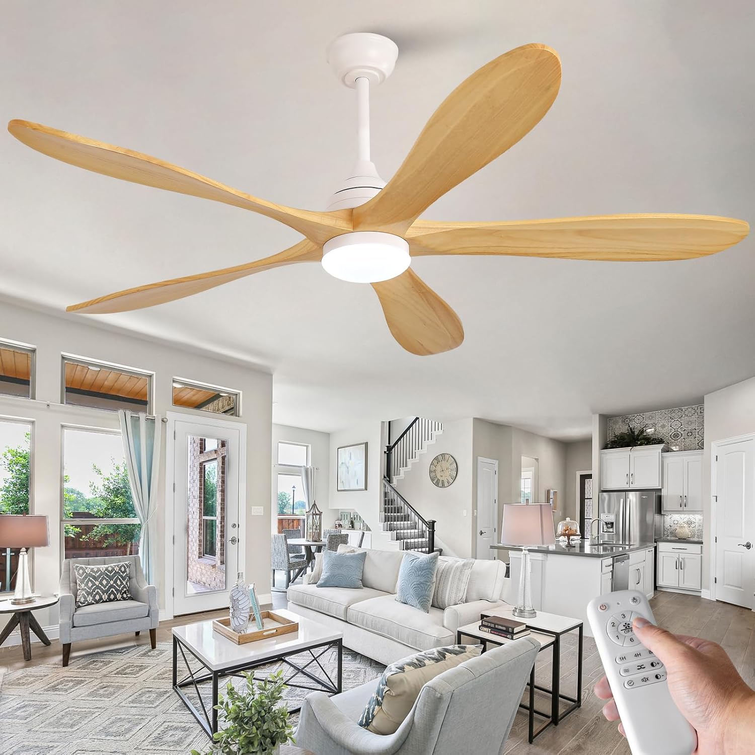 OKDNEG 60 Inch Ceiling Fans with Lights and Remote, 5 Wood Fan Blades Ceiling Fan,3CCT Dimmable,Timer,Quiet DC Motor,6 Speed,Indoor Outdoor Ceiling Fan for Offices Farmhouse Gazebo Patio
