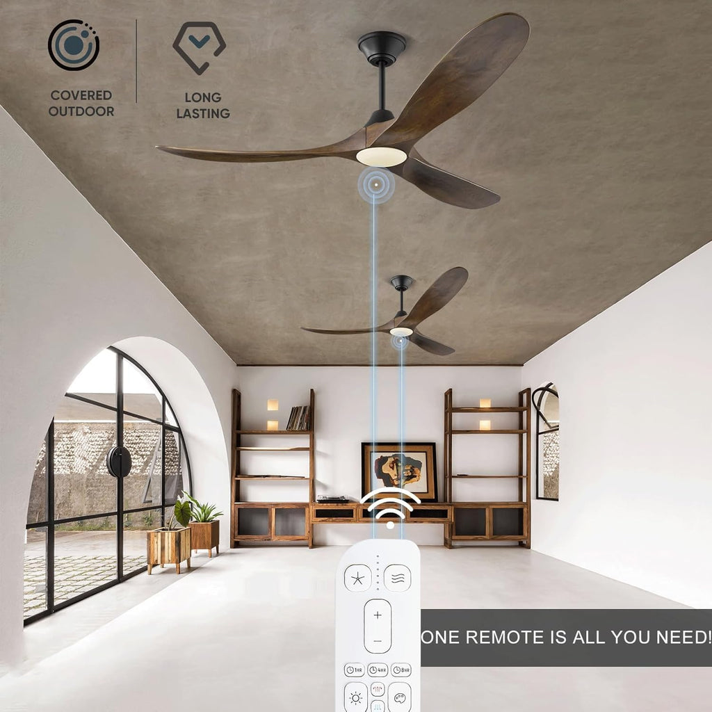 52 Inch Smart Ceiling Fan with Lights, Outdoor Ceiling Fans for Patios Damp Rated, 3 Blades Propeller Walnut Wood Farmhouse Ceiling Fan, Large Airflow DC Ceiling Fan with Remote/ APP/ Alexa Control