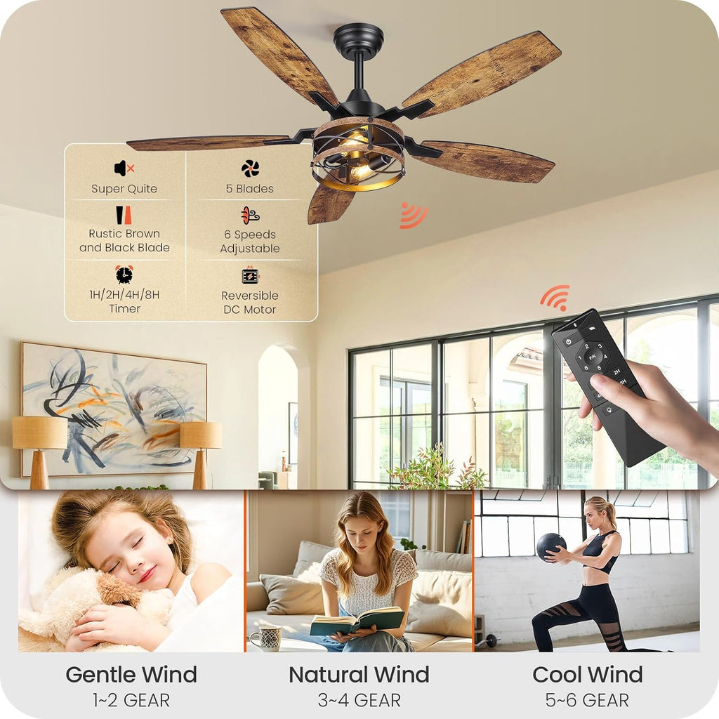 50 Inch Farmhouse Ceiling Fan with Lights and Remote, Timer, Dual Finish 5 Blades (Rustic Brown and Black), 6 Speeds, Reversible DC Motor, Rustic & Industrial Caged Ceiling Fan for Bedroom B04CF05