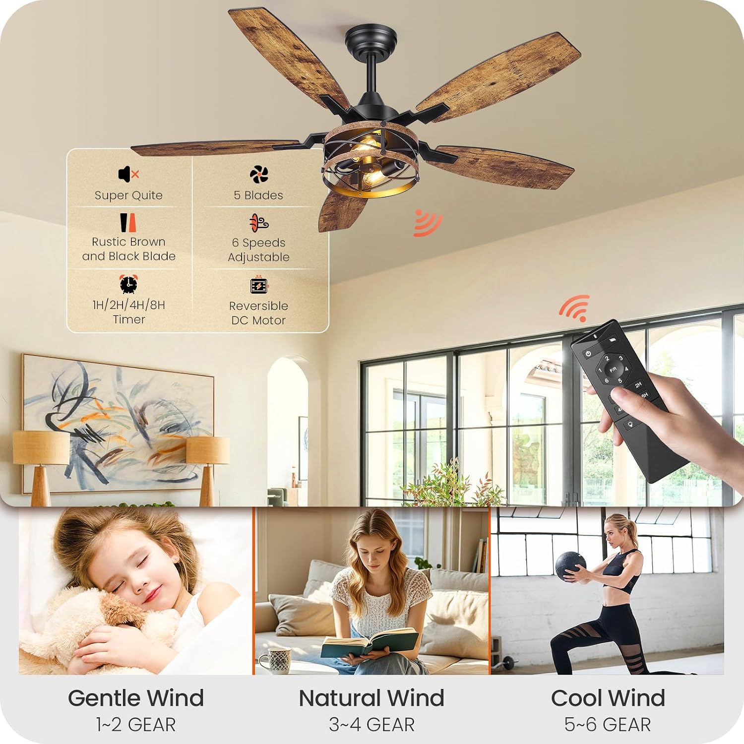 50 Inch Farmhouse Ceiling Fan with Lights and Remote, Timer, Dual Finish 5 Blades (Rustic Brown and Black), 6 Speeds, Reversible DC Motor, Rustic & Industrial Caged Ceiling Fan for Bedroom B04CF05