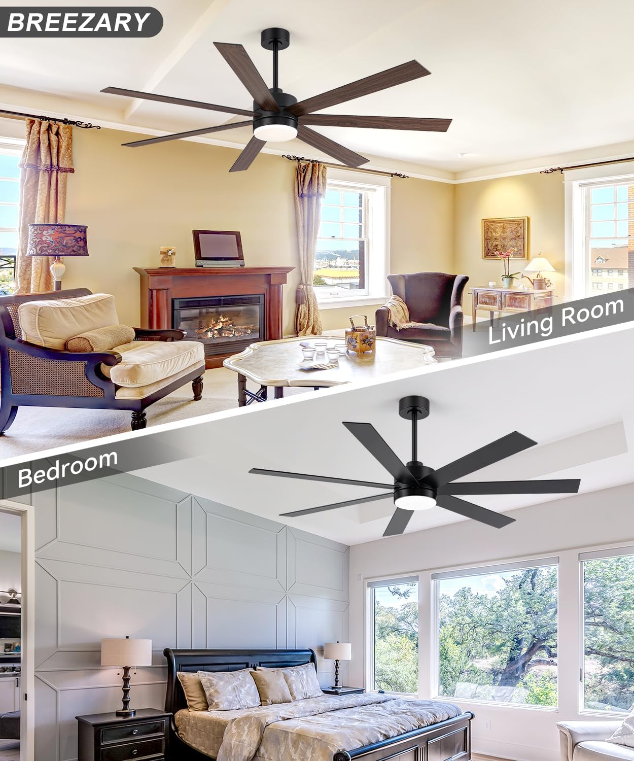 72 inch Large Ceiling Fans with Lights and Remote, 6-Speed Reversible DC Motor, 3 CCT, Dual Finish 7 Blades, Indoor/Outdoor Farmhouse Black Ceiling Fan for Kitchen Living Room Patio