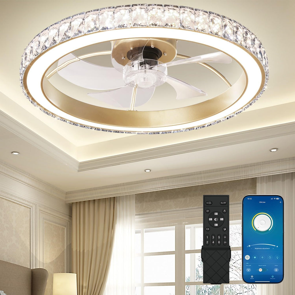 Aipsun Low Profile Modern Crystal Chandelier Ceiling Fans with Lights and Remote, 3000K-6500K Smart Bladeless LED Fan Light, 22' Gold Modern Ceiling Fans with Lights for Bedroom