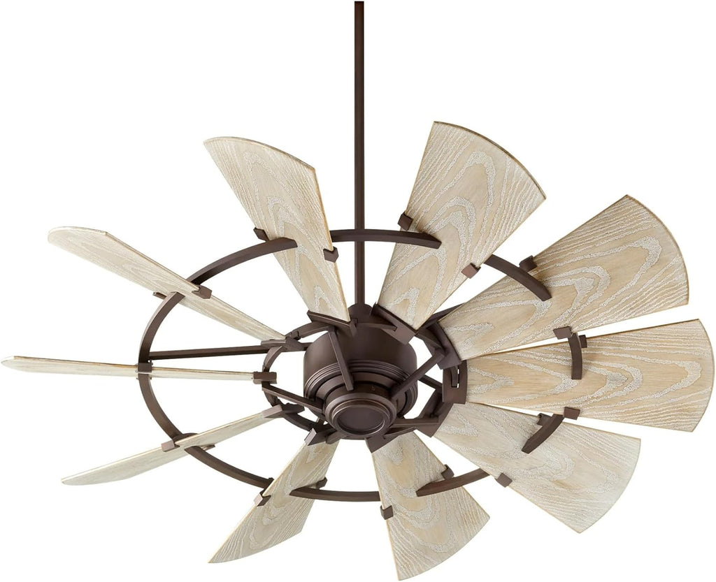 Quorum 94410-86 Windmill 44 Inch Ceiling Fan | 10 Blade Wagon Wheel Design | 6 Speed Reversible DC Motor | Remote Control Included | Dry Rated Ceiling Fan | Weathered Oak Blades | Oiled Bronze Finish