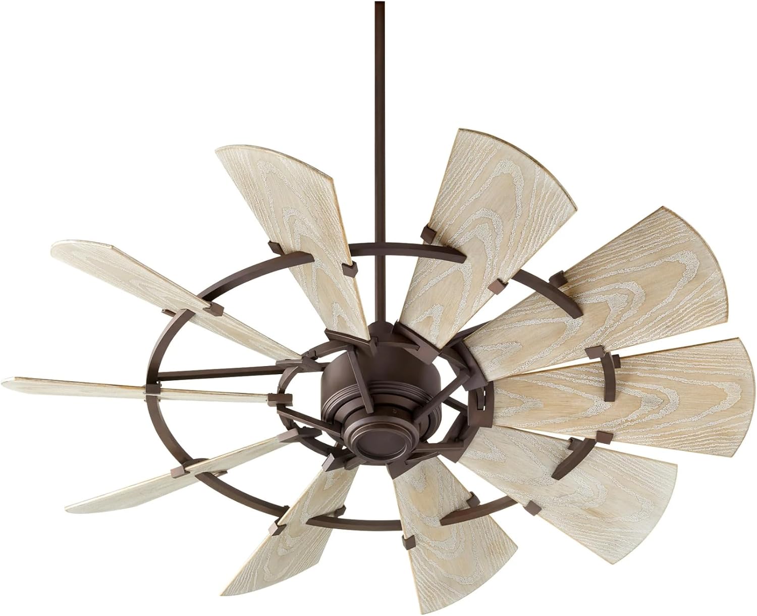 Quorum 94410-86 Windmill 44 Inch Ceiling Fan | 10 Blade Wagon Wheel Design | 6 Speed Reversible DC Motor | Remote Control Included | Dry Rated Ceiling Fan | Weathered Oak Blades | Oiled Bronze Finish