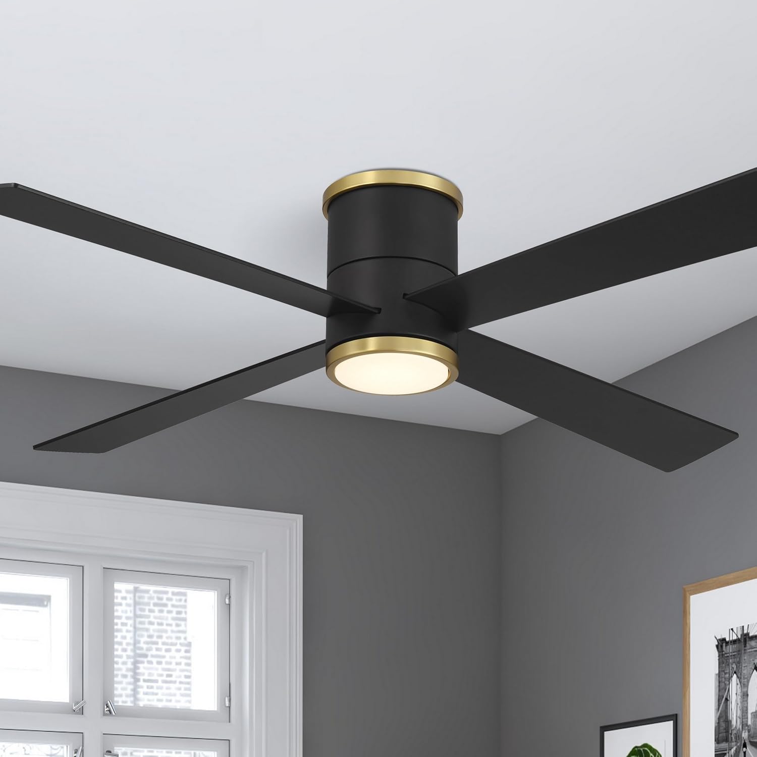 MINKA-AIRE F797L-CL/SBR Falco 54' 4-Blade LED Flush Mount Ceiling Fan - Coal and Soft Brass Finish with Etched Lens